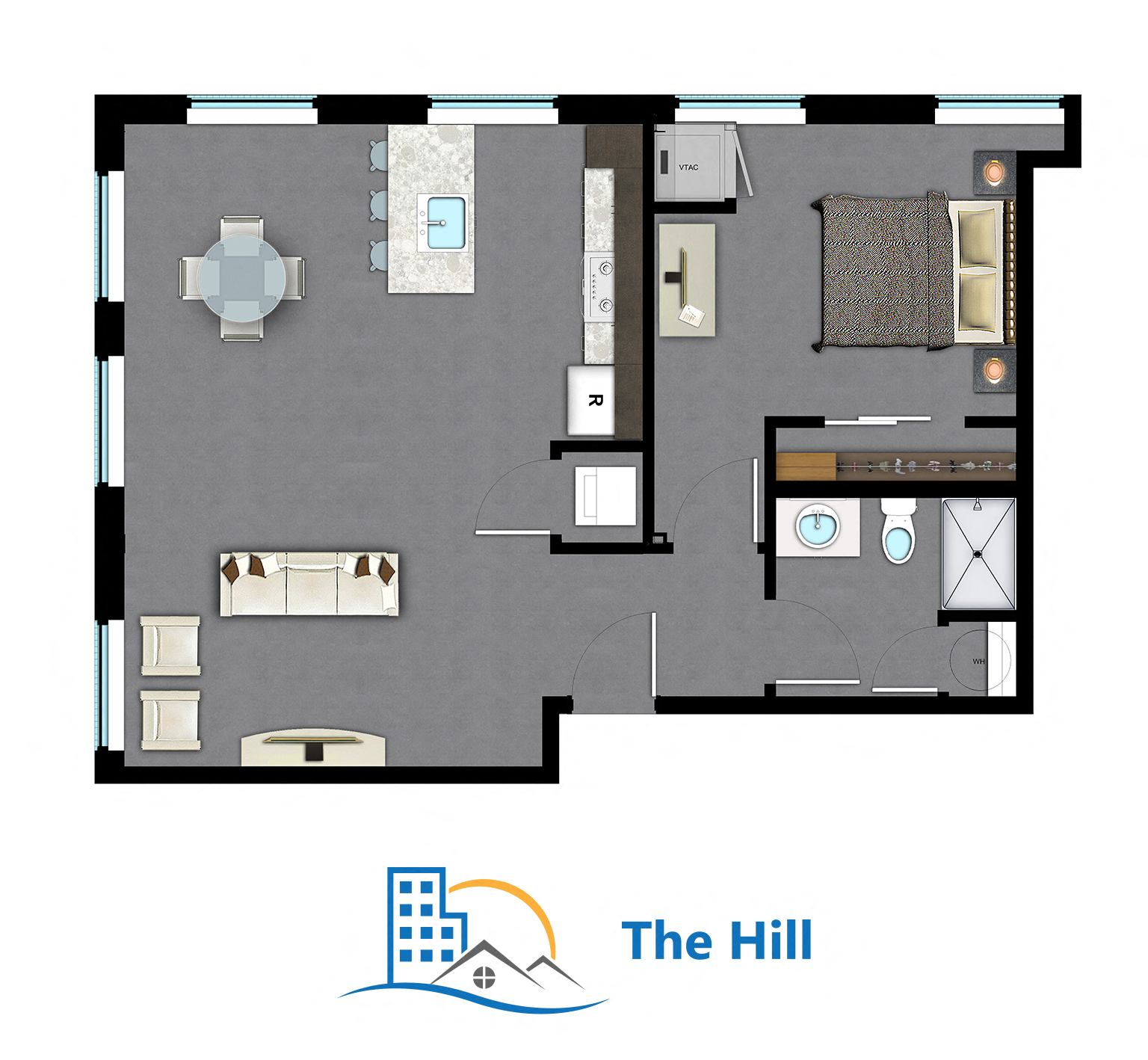 Floor plan for 1 bed, 1 bath, 674 sqft